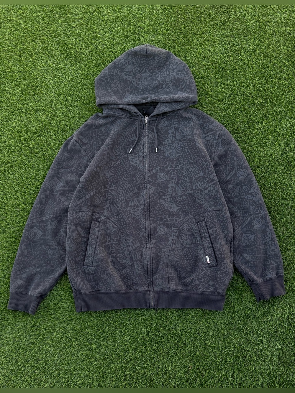 Vintage 00s Element Skateboards AOP Hoodie Full Zip Up Black & Grey Size XL